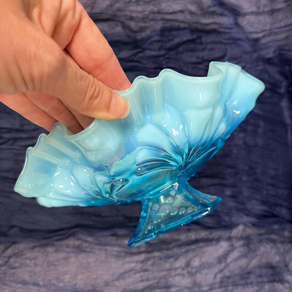 Blue Vintage Glass Decorative Bowl with Pedestal